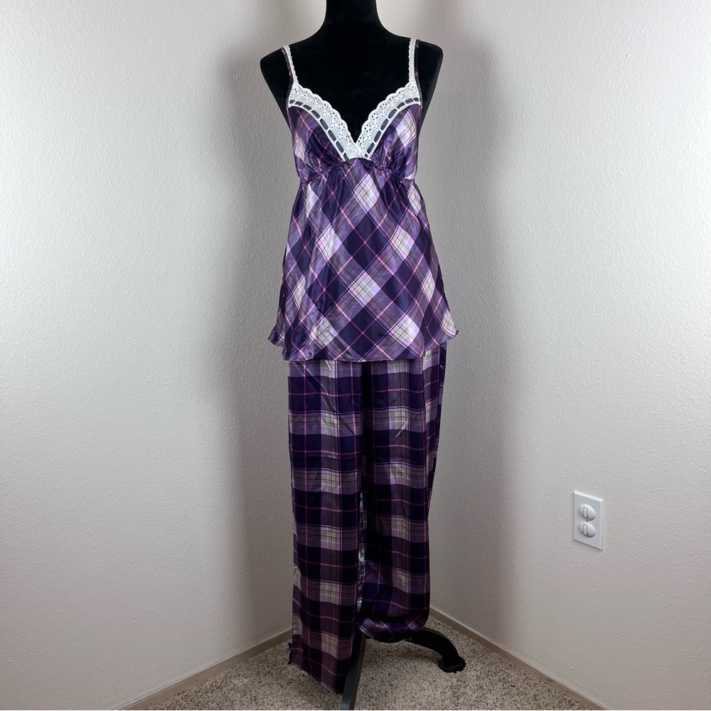 Alexander Del Rossa Pajamas Womens Large Satin Plaid Lace Babydoll Top Purple